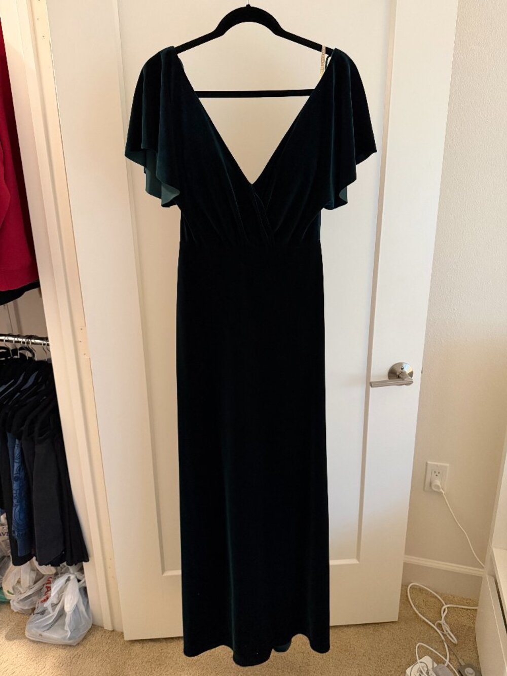 Jenny Yoo Collection Teal Velvet Flutter Sleeve Maxi Dress — Size 4